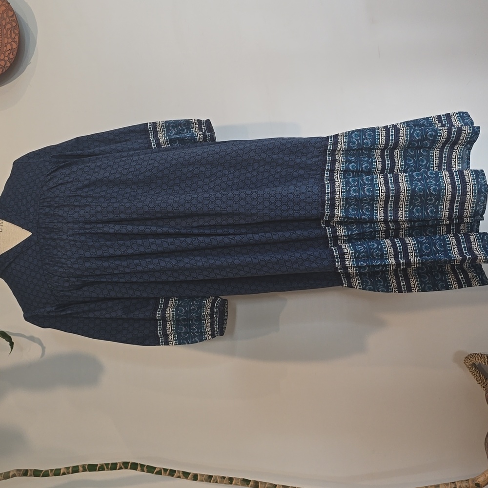 Anna Sui Navy and Teal Long Sleeve Dress